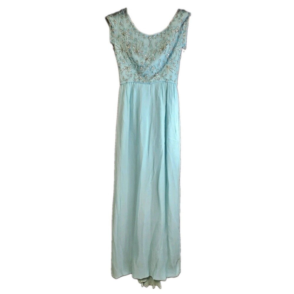 Vintage Lee Claire New York Aqua Beaded Chiffon Evening Gown w/ Back Sash - Picture 1 of 9